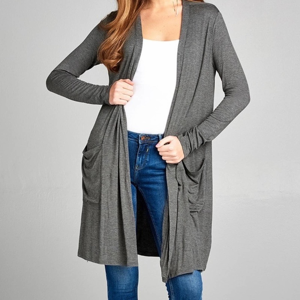 Open Front Charcoal Grey Cardigan w/ Pockets sz OS - Picture 2 of 2